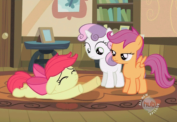 Size: 575x395 | Tagged: safe, screencap, character:apple bloom, character:scootaloo, character:sweetie belle, species:pegasus, species:pony, episode:family appreciation day, g4, my little pony: friendship is magic, animated, cutie mark crusaders, facerug, hub logo, party hard