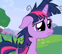 Size: 412x355 | Tagged: safe, screencap, character:twilight sparkle, species:pony, episode:lesson zero, g4, my little pony: friendship is magic, big eyes, cropped, dilated pupils, frown, messy mane, ruffled hair, sad, solo, twilight snapple