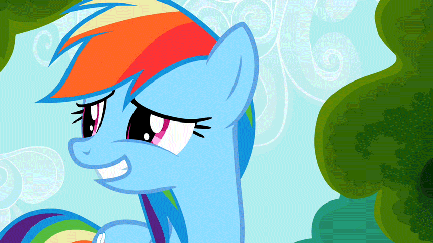 Size: 853x480 | Tagged: safe, screencap, character:mare do well, character:rainbow dash, episode:the mysterious mare do well, g4, my little pony: friendship is magic, animated, blush sticker, blushing, cute, dashabetes, loop, smiling, solo