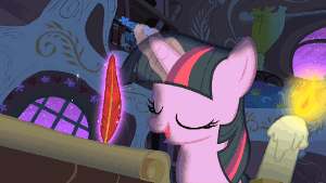 Size: 300x169 | Tagged: safe, screencap, character:twilight sparkle, episode:owl's well that ends well, g4, my little pony: friendship is magic, animated, candle, candlelight, glowing horn, loop, magic, night, quill, solo, telekinesis, writing