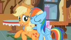 Size: 1320x741 | Tagged: safe, screencap, character:applejack, character:rainbow dash, species:earth pony, species:pegasus, species:pony, episode:the mysterious mare do well, g4, my little pony: friendship is magic, do not want, duo, female, mare, out of context, sugarcube corner