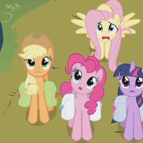 Size: 502x502 | Tagged: safe, screencap, character:applejack, character:fluttershy, character:pinkie pie, character:twilight sparkle, species:pony, episode:dragonshy, g4, my little pony: friendship is magic, animated, bag, gif, saddle bag, scared