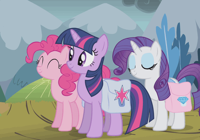 Size: 696x486 | Tagged: safe, screencap, character:fluttershy, character:pinkie pie, character:rarity, character:twilight sparkle, species:pony, episode:dragonshy, g4, my little pony: friendship is magic, animated, bag, gif, saddle bag
