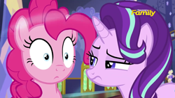 Size: 1280x720 | Tagged: safe, screencap, character:pinkie pie, character:starlight glimmer, species:pony, episode:every little thing she does, g4, my little pony: friendship is magic, discovery family logo, fiducia compellia, hypnosis, hypnotized