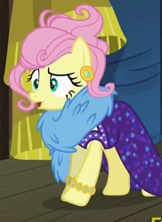 Size: 560x770 | Tagged: safe, screencap, character:fluttershy, species:pony, episode:viva las pegasus, g4, my little pony: friendship is magic, clothing, cropped, disguise, ear piercing, earring, feather boa, impossibly rich, jewelry, messy hair, piercing, raised eyebrow, solo