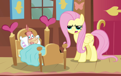 Size: 860x540 | Tagged: safe, screencap, character:fluttershy, character:philomena, species:bird, species:pegasus, species:phoenix, species:pony, episode:a bird in the hoof, g4, my little pony: friendship is magic, season 1, bed, cropped, duo, female, fluttershy's cottage, looking at you, mare, serious face, thermometer, thousand yard stare