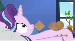 Size: 2511x1371 | Tagged: safe, screencap, character:starlight glimmer, species:pony, species:unicorn, episode:every little thing she does, g4, my little pony: friendship is magic, bed, blocks, cube, discovery family logo, female, mare, octahedron, on bed, potted plant, solo, sphere, starlight's room, sudden realization, thousand yard stare