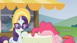 Size: 1663x925 | Tagged: safe, screencap, character:pinkie pie, character:rarity, species:pony, episode:every little thing she does, g4, my little pony: friendship is magic, clothing, faceplant, glasses, hat