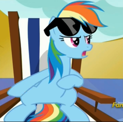 Size: 1429x1415 | Tagged: safe, screencap, character:rainbow dash, species:pony, episode:every little thing she does, g4, my little pony: friendship is magic, sitting, solo, sunglasses
