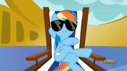 Size: 1280x720 | Tagged: safe, screencap, character:rainbow dash, species:pony, episode:every little thing she does, g4, my little pony: friendship is magic, chillaxing, cool, crossed legs, discovery family logo, solo, sunglasses