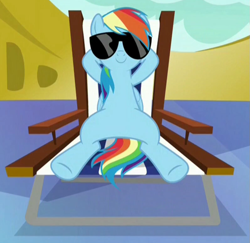 Size: 797x776 | Tagged: safe, screencap, character:rainbow dash, species:pegasus, species:pony, episode:every little thing she does, g4, my little pony: friendship is magic, arm behind head, chillaxing, cropped, featureless crotch, female, mare, smiling, solo, spread legs, spreading, sunglasses