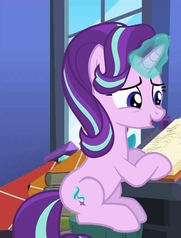 Size: 369x484 | Tagged: safe, screencap, character:starlight glimmer, species:pony, species:unicorn, episode:every little thing she does, g4, my little pony: friendship is magic, animated, blinking, book, cute, female, gif, glimmerbetes, glowing horn, horn, kite, mare, sitting, smiling, solo, starlight's room