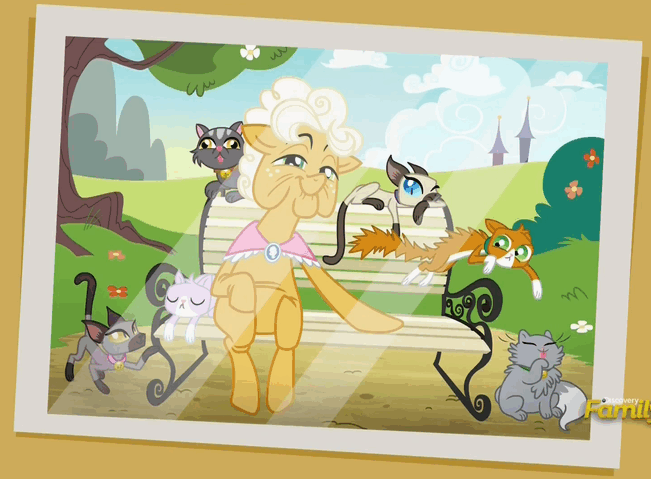 Size: 651x479 | Tagged: safe, screencap, character:goldie delicious, species:earth pony, species:pony, episode:every little thing she does, g4, my little pony: friendship is magic, bench, cat, crazy cat lady, female, goldie delicious' cats, lil bub, mare, photo, picture, shawl, siamese cat, solo, too many cats