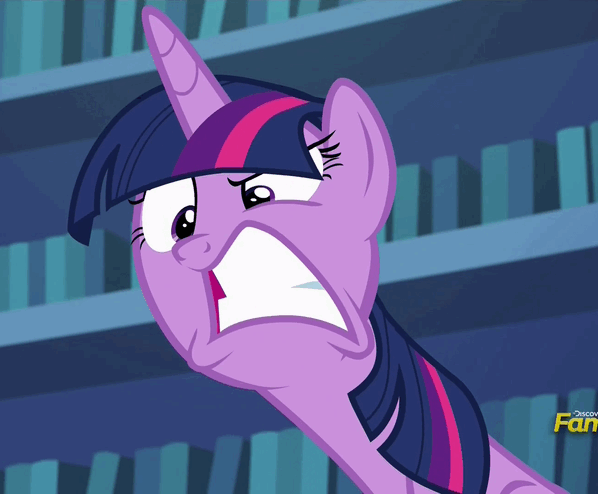 Size: 598x494 | Tagged: safe, screencap, character:twilight sparkle, character:twilight sparkle (alicorn), species:alicorn, species:pony, episode:every little thing she does, g4, my little pony: friendship is magic, angry, bookcase, faec, female, frown, glare, gritted teeth, how do you make your neck go like that?, long neck, mare, raised eyebrow, sitting, solo
