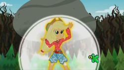 Size: 1280x720 | Tagged: safe, screencap, character:applejack, equestria girls:legend of everfree, g4, my little pony:equestria girls, boulder, camp fashion show outfit, discovery kids, solo