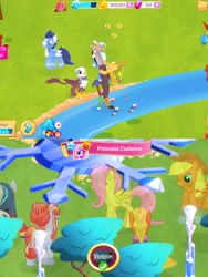Size: 1280x1704 | Tagged: safe, gameloft, screencap, character:amber laurel, character:applejack, character:discord, character:fluttershy, character:greta, character:ms. harshwhinny, character:shining armor, character:soarin', species:crystal pony, species:griffon, species:pony, game, vip