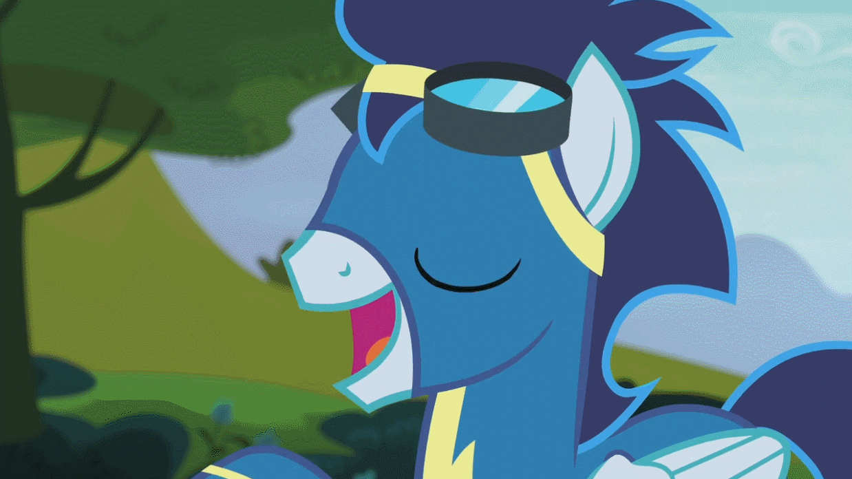 Size: 1238x696 | Tagged: safe, screencap, character:soarin', species:pegasus, species:pony, episode:newbie dash, g4, my little pony: friendship is magic, animated, clothing, cute, gif, goggles, soarinbetes, solo, talking, wonderbolts uniform