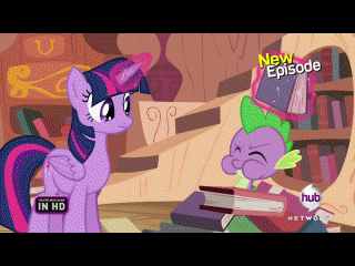 Size: 320x240 | Tagged: safe, screencap, character:spike, character:twilight sparkle, character:twilight sparkle (alicorn), species:alicorn, species:dragon, species:pony, episode:castle mane-ia, g4, my little pony: friendship is magic, animated, book, burp, derp, dragon mail, dragonfire, female, fire, gif, golden oaks library, green fire, hub logo, levitation, magic, male, mare, telekinesis