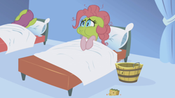Size: 1280x720 | Tagged: safe, screencap, character:pinkie pie, species:earth pony, species:pony, episode:applebuck season, g4, my little pony: friendship is magic, back of head, baked bads, bed, bucket, cherry punch, female, green face, mare, puffy cheeks, sick
