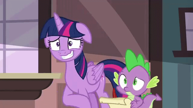 Size: 640x360 | Tagged: safe, screencap, character:spike, character:twilight sparkle, character:twilight sparkle (alicorn), species:alicorn, species:pony, episode:p.p.o.v. (pony point of view), g4, my little pony: friendship is magic, animated, floppy ears, gif, loop, nervous, nervous grin, scratching