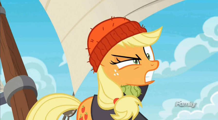 Size: 896x493 | Tagged: safe, screencap, character:applejack, species:pony, episode:p.p.o.v. (pony point of view), g4, my little pony: friendship is magic, animated, captain jackbeard, clothing, discovery family logo, gif, laughing, nose in the air, silly, silly pony, solo, volumetric mouth, who's a silly pony