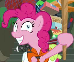 Size: 1244x1054 | Tagged: safe, screencap, character:pinkie pie, species:pony, episode:p.p.o.v. (pony point of view), g4, my little pony: friendship is magic, derp, lifejacket, pinkie derp, solo, stick