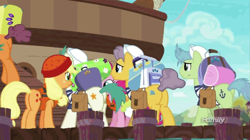 Size: 500x281 | Tagged: safe, screencap, character:applejack, character:pinkie pie, species:earth pony, species:pony, episode:p.p.o.v. (pony point of view), g4, my little pony: friendship is magic, anchors aweigh (character), animated, background pony, boat, discovery family logo, female, gif, lifejacket, luggage, male, mare, porter, saddle bag, sailor, seaward shoals, stallion, unnamed pony, water whirled