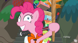Size: 845x467 | Tagged: safe, screencap, character:pinkie pie, species:pony, episode:p.p.o.v. (pony point of view), g4, my little pony: friendship is magic, derp, discovery family logo, faec, pinkie derp, solo