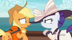 Size: 845x467 | Tagged: safe, screencap, character:applejack, character:rarity, species:pony, episode:p.p.o.v. (pony point of view), g4, my little pony: friendship is magic, clothing, discovery family logo, giant hat, hat, raristocrat