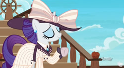 Size: 845x467 | Tagged: safe, screencap, character:rarity, species:pony, episode:p.p.o.v. (pony point of view), g4, my little pony: friendship is magic, clothing, discovery family logo, giant hat, hat, raristocrat, solo