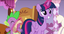 Size: 1366x736 | Tagged: safe, screencap, character:spike, character:twilight sparkle, character:twilight sparkle (alicorn), species:alicorn, species:pony, episode:p.p.o.v. (pony point of view), g4, my little pony: friendship is magic, discovery family logo, magic, scroll