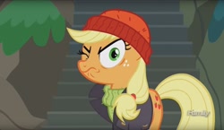 Size: 1610x933 | Tagged: safe, screencap, character:applejack, species:pony, episode:p.p.o.v. (pony point of view), g4, my little pony: friendship is magic, applejack is best facemaker, captain jackbeard, discovery family logo, solo