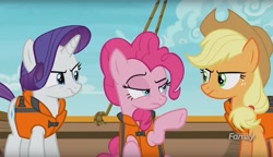 Size: 1615x928 | Tagged: safe, screencap, character:applejack, character:pinkie pie, character:rarity, species:pony, episode:p.p.o.v. (pony point of view), g4, my little pony: friendship is magic, discovery family logo, lifejacket