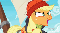 Size: 845x467 | Tagged: safe, screencap, character:applejack, species:pony, episode:p.p.o.v. (pony point of view), g4, my little pony: friendship is magic, captain jackbeard, discovery family logo, solo