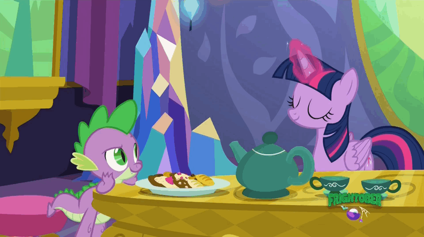 Size: 864x484 | Tagged: safe, screencap, character:spike, character:twilight sparkle, character:twilight sparkle (alicorn), species:alicorn, species:pony, episode:p.p.o.v. (pony point of view), g4, my little pony: friendship is magic, animated, cookie, food, gif, magic, tea, telekinesis