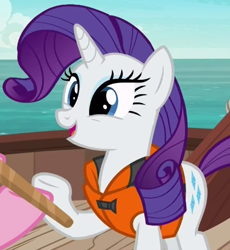 Size: 429x467 | Tagged: safe, screencap, character:pinkie pie, character:rarity, species:earth pony, species:pony, species:unicorn, episode:p.p.o.v. (pony point of view), g4, my little pony: friendship is magic, cute, female, lifejacket, mare, raised hoof, raribetes, smiling