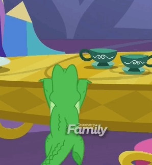 Size: 298x323 | Tagged: safe, screencap, character:gummy, episode:p.p.o.v. (pony point of view), g4, my little pony: friendship is magic, animated, climbing, cute, discovery family logo, gif, gummybetes, prehensile tail, solo, table, teacup