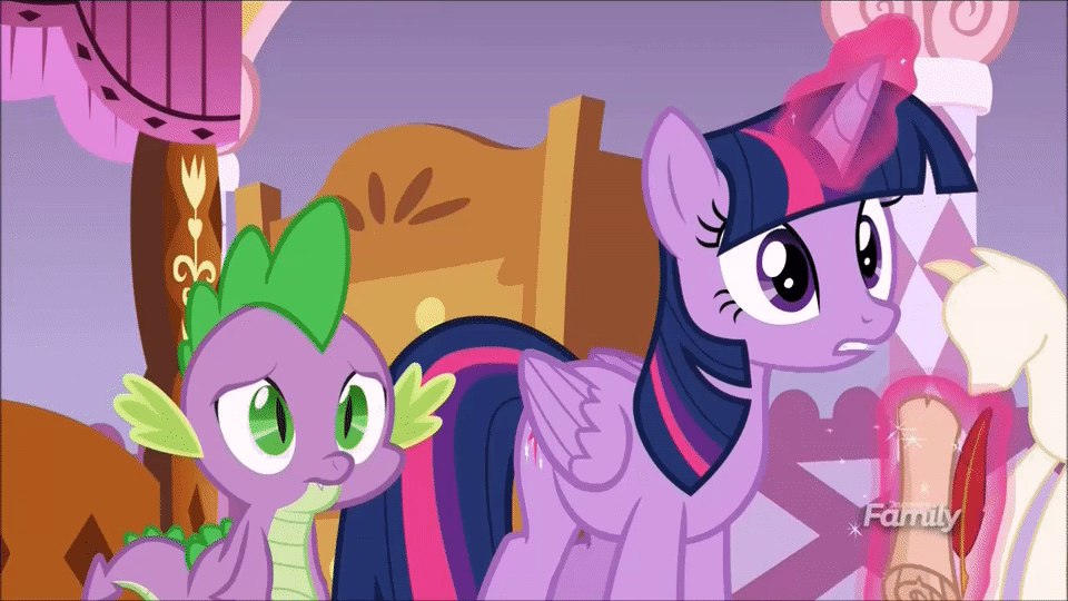 Size: 960x540 | Tagged: safe, screencap, character:spike, character:twilight sparkle, character:twilight sparkle (alicorn), species:alicorn, species:pony, episode:p.p.o.v. (pony point of view), g4, my little pony: friendship is magic, animated, discovery family logo, gif, magic, quill, scroll, spikeabuse
