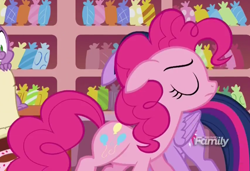 Size: 572x392 | Tagged: safe, screencap, character:pinkie pie, character:twilight sparkle, character:twilight sparkle (alicorn), species:alicorn, species:pony, episode:p.p.o.v. (pony point of view), g4, my little pony: friendship is magic, discovery family logo