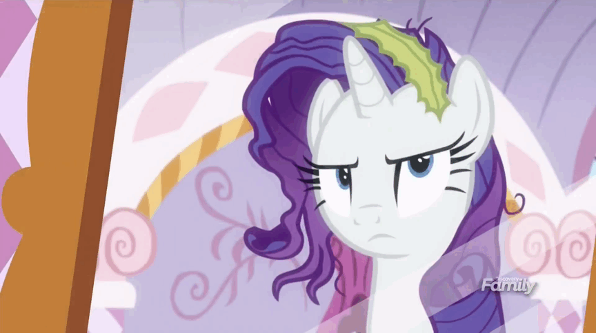Size: 864x484 | Tagged: safe, screencap, character:rarity, species:crab, species:pony, episode:p.p.o.v. (pony point of view), g4, my little pony: friendship is magic, animated, brush, crab fighting a giant rarity, duckface, gif, magic, mirror, pouting, raised eyebrow, rarity fighting a giant crab, role reversal, skuttles the crab, solo, telekinesis