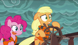 Size: 1280x738 | Tagged: safe, screencap, character:applejack, character:pinkie pie, species:pony, episode:p.p.o.v. (pony point of view), g4, my little pony: friendship is magic, discovery family logo, tongue out