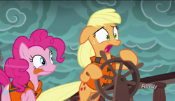 Size: 1280x738 | Tagged: safe, screencap, character:applejack, character:pinkie pie, species:pony, episode:p.p.o.v. (pony point of view), g4, my little pony: friendship is magic, discovery family logo, tongue out