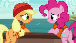 Size: 1280x738 | Tagged: safe, screencap, character:applejack, character:pinkie pie, species:pony, episode:p.p.o.v. (pony point of view), g4, my little pony: friendship is magic, discovery family logo, female, mare, plot
