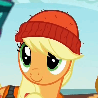 Size: 389x389 | Tagged: safe, screencap, character:applejack, species:earth pony, species:pony, episode:p.p.o.v. (pony point of view), g4, my little pony: friendship is magic, accessory swap, beanie, c:, clothing, cute, female, hat, jackabetes, lifejacket, smiling, solo