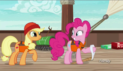 Size: 1280x738 | Tagged: safe, screencap, character:applejack, character:pinkie pie, species:pony, episode:p.p.o.v. (pony point of view), g4, my little pony: friendship is magic, discovery family logo
