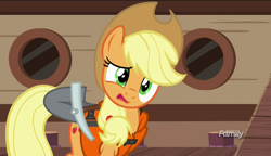 Size: 1280x738 | Tagged: safe, screencap, character:applejack, species:pony, episode:p.p.o.v. (pony point of view), g4, my little pony: friendship is magic, discovery family logo, lifejacket, pickaxe, shovel, solo