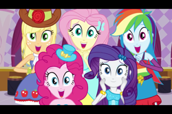 Size: 960x640 | Tagged: safe, artist:supermariodylan90, screencap, character:applejack, character:fluttershy, character:pinkie pie, character:rainbow dash, character:rarity, equestria girls:equestria girls, g4, my little pony:equestria girls, bracelet, clothing, fall formal outfits, hat, humane five, humane five's encounter, jewelry, looking at you, this is our big night, top hat