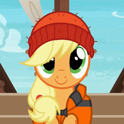 Size: 483x484 | Tagged: safe, screencap, character:applejack, species:earth pony, species:pony, episode:p.p.o.v. (pony point of view), g4, my little pony: friendship is magic, accessory swap, beanie, clothing, cute, female, hat, jackabetes, lifejacket, mare, smiling, solo
