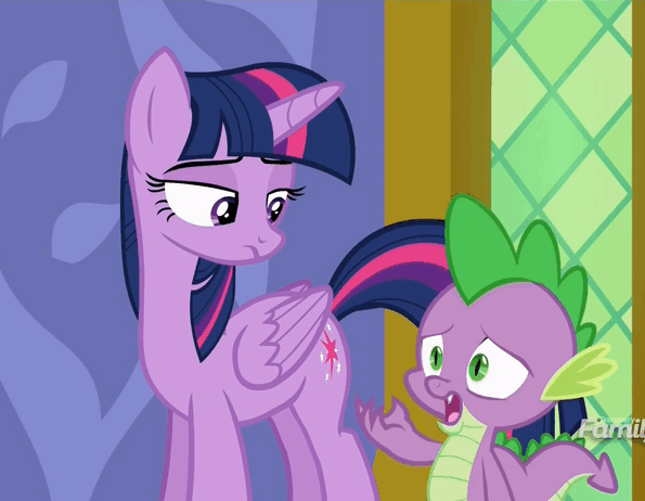 Size: 595x462 | Tagged: safe, screencap, character:spike, character:twilight sparkle, character:twilight sparkle (alicorn), species:alicorn, species:pony, episode:p.p.o.v. (pony point of view), g4, my little pony: friendship is magic, animated, discovery family logo, eyeroll, gif