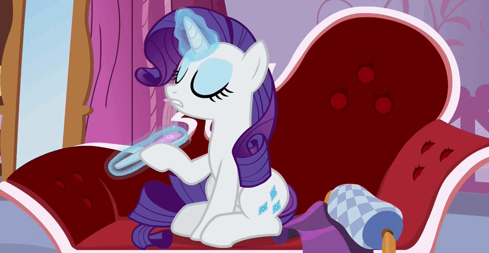 Size: 960x497 | Tagged: safe, screencap, character:rarity, species:pony, episode:p.p.o.v. (pony point of view), g4, my little pony: friendship is magic, animated, fainting couch, gif, hooficure, loop, magic, nail file, solo